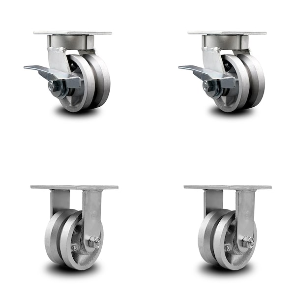 4 Inch Kingpinless V Groove Semi Steel Wheel Caster Brakes 2 Rigid SCC, 2PK